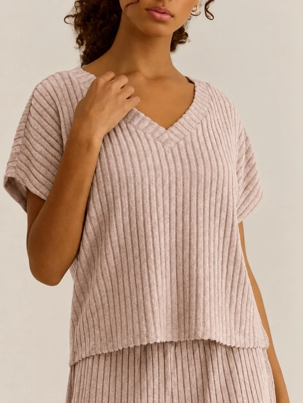 Z Supply Ribbed Lounge Set V-Neck Top & Pants Z Taupe Pink Size M